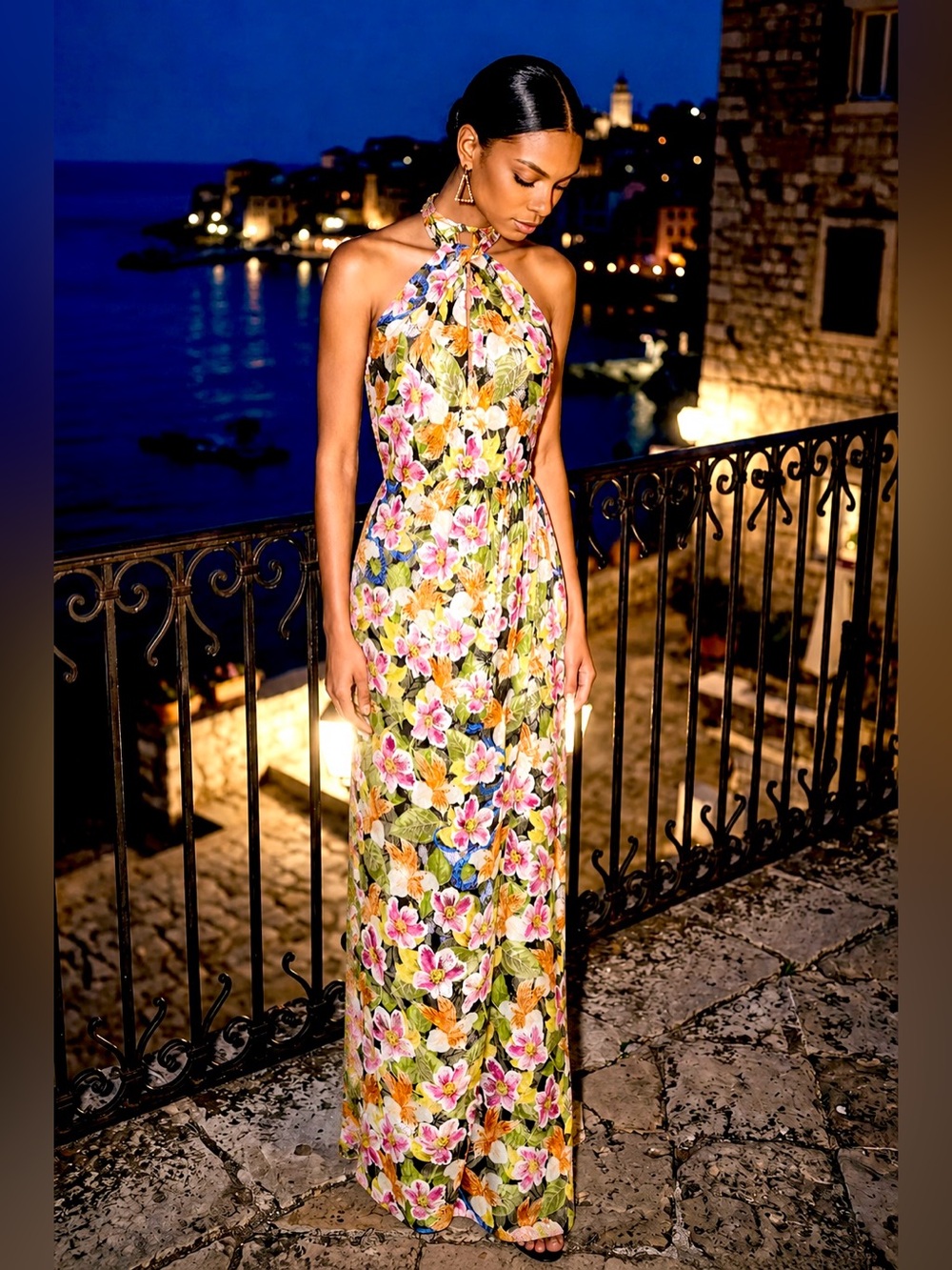 Borgo De Nor Alyona Floral Slit Halter Sleeveless Maxi Metallic Dress Gown
